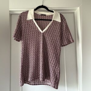 Zara Stylish Women's V-Neck Top - Maroon and White w/ 70’s vibe